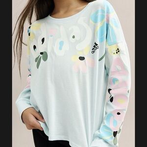 Adidas Floral Long Sleeve Tee Girl’s Size L 14 Light Blue Logo Graphic Shirt